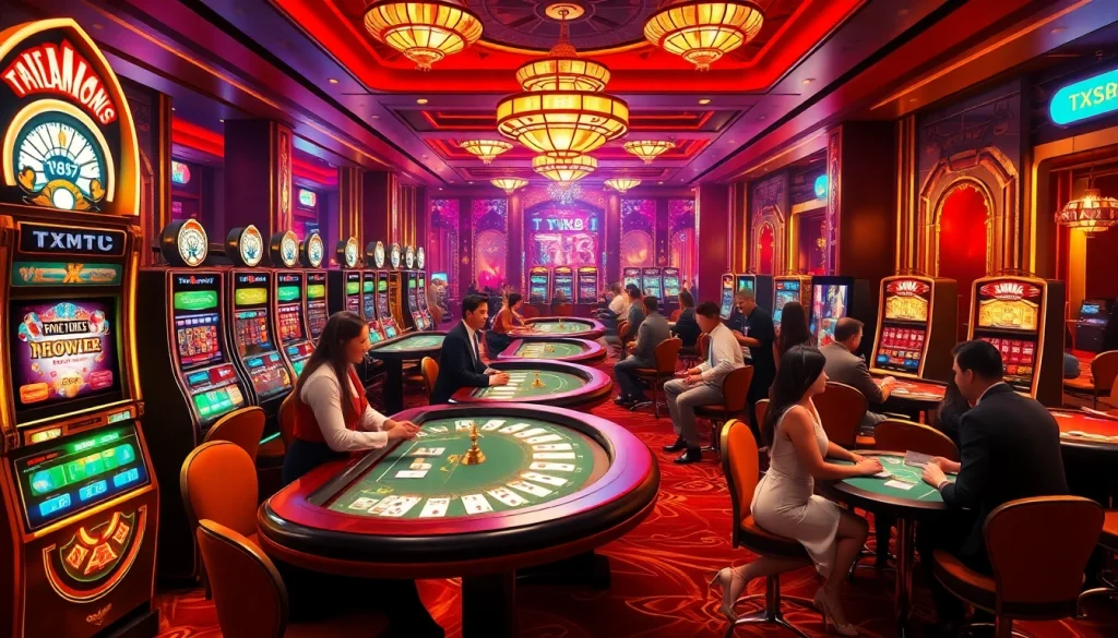 Experience the vibrant TX88 casino atmosphere with gamblers at roulette and poker tables enjoying exciting wins.