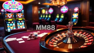 Experience the allure of MM88 with a dynamic casino setting, focusing on poker and vibrant slot machines.