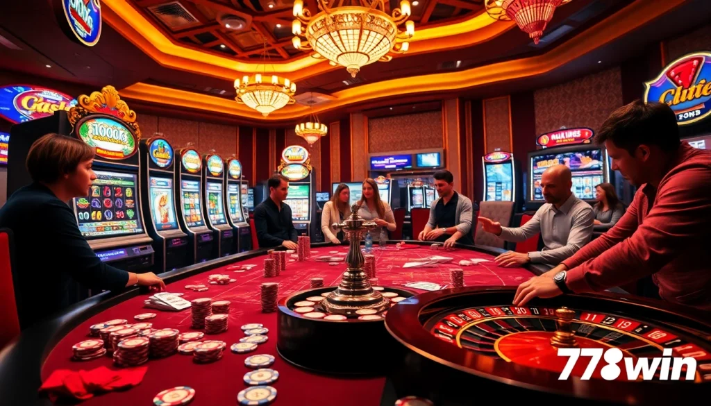 Experience thrilling gambling action at 789win, featuring vibrant poker chips, slot machines, and an engaging roulette wheel.