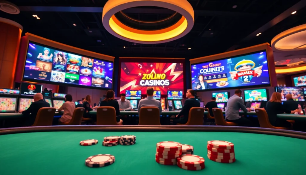 Showcasing the best online casinos in Canada with vibrant gaming interfaces and a lively atmosphere.
