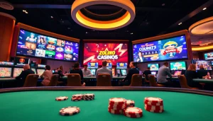 Showcasing the best online casinos in Canada with vibrant gaming interfaces and a lively atmosphere.