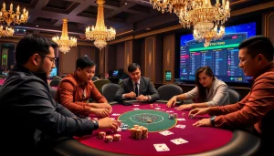 F168 poker table with engaged players highlighting the excitement of online gambling.