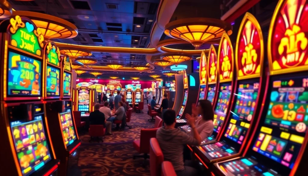 Excited players enjoying the vibrant nổ hũ slot machines in a luxurious casino setting.
