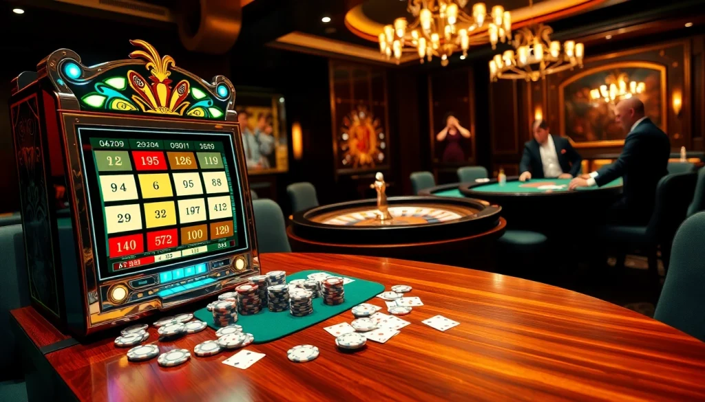 Mesin slot Togelsumo bersinar penuh semangat di meja kasino yang elegan, lengkap dengan kartu dan chip.