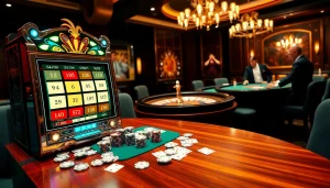 Mesin slot Togelsumo bersinar penuh semangat di meja kasino yang elegan, lengkap dengan kartu dan chip.