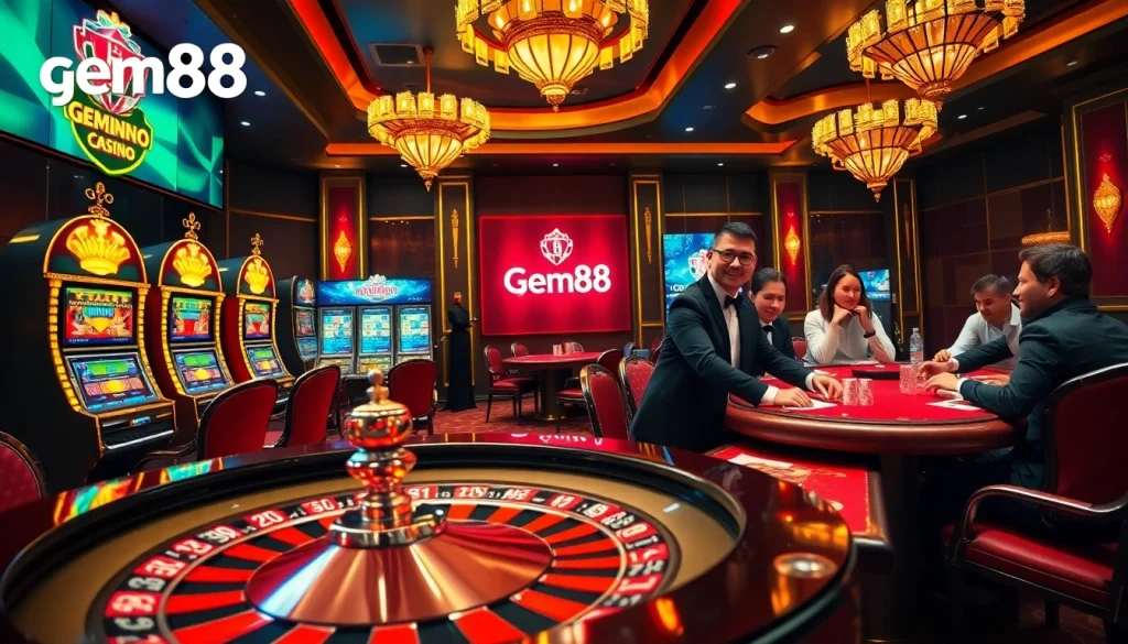 Experience thrilling gameplay with gem88 at an exciting casino featuring poker tables and roulette.