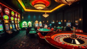 Gambling excitement at a casino featuring link S666 with vibrant slot machines and poker tables.