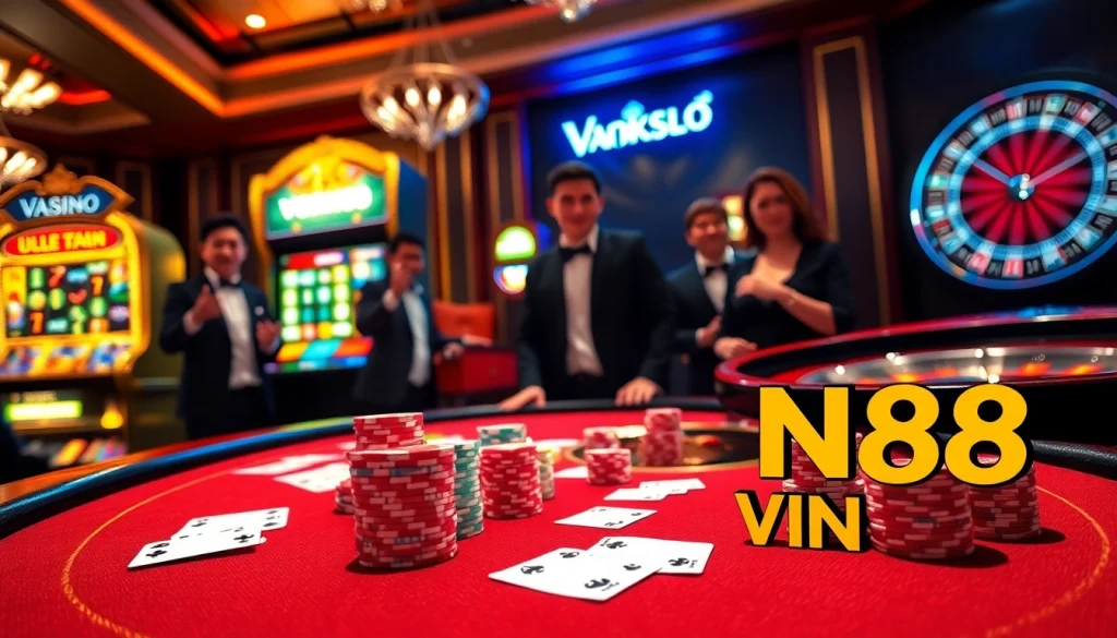 Experience thrilling gameplay with VN88 at an elegant poker table in a luxurious casino atmosphere.