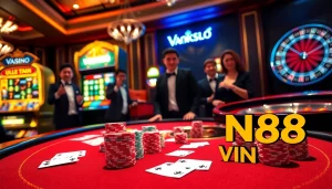 Experience thrilling gameplay with VN88 at an elegant poker table in a luxurious casino atmosphere.