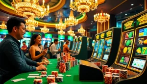 Players enjoying muji138 on a luxurious slot machine, surrounded by colorful poker chips.