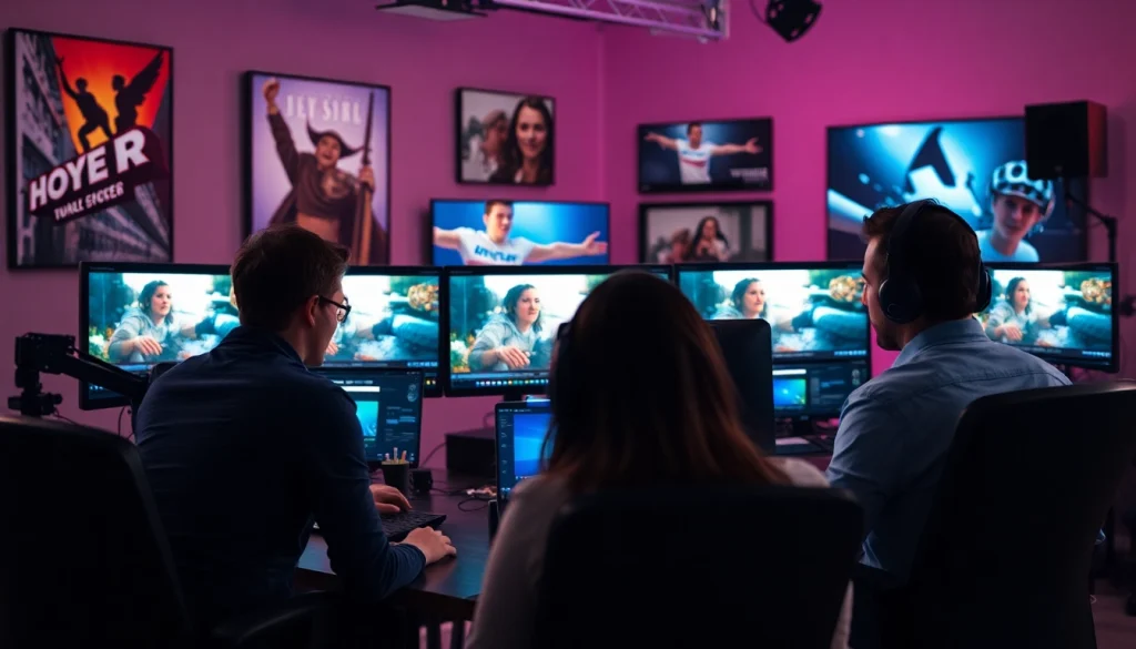 Professional video editors skillfully editing footage in a vibrant studio setting.