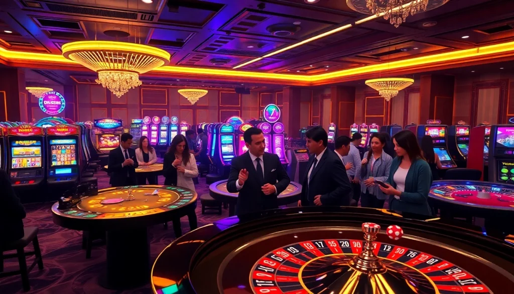 Engaging players in Đăng Ký QH88 at a vibrant online casino scene with roulette and poker.