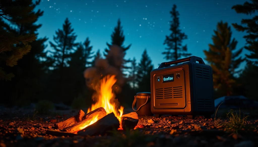Experience the ecoflow in an outdoor adventure, illuminating a camping scene by the fire.