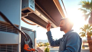 Inspecting scottsdale ac unit by a professional technician on a sunny rooftop.