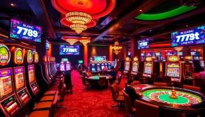 Experience thrilling gaming action at 789 BET with players engaged at various casino tables and slot machines.