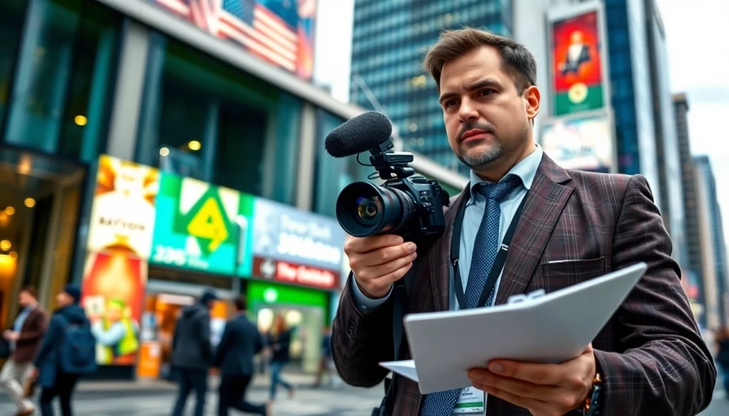 Capture the essence of https://spectacle.com.ua with a journalist reporting in a vibrant city environment.