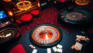 Exciting scene of players enjoying diverse games at Hello88 casino with roulette and poker tables.