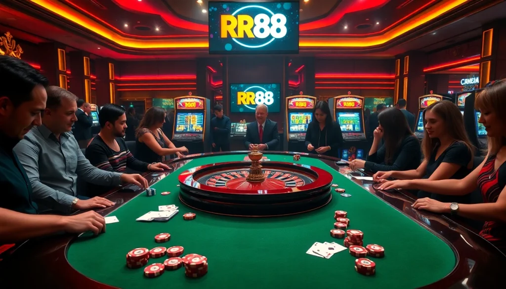 Exciting players engaging with roulette at RR88's luxurious casino experience.