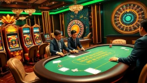 Experience the thrill of gambling at OK365 with vibrant casino scenes showcasing exciting games.