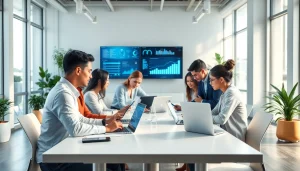 Professionals collaborating in a modern office environment using WPS办公软件 for efficient teamwork.