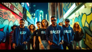 Stylish individuals wearing RageOff clothing in an urban setting, showcasing contemporary fashion trends.