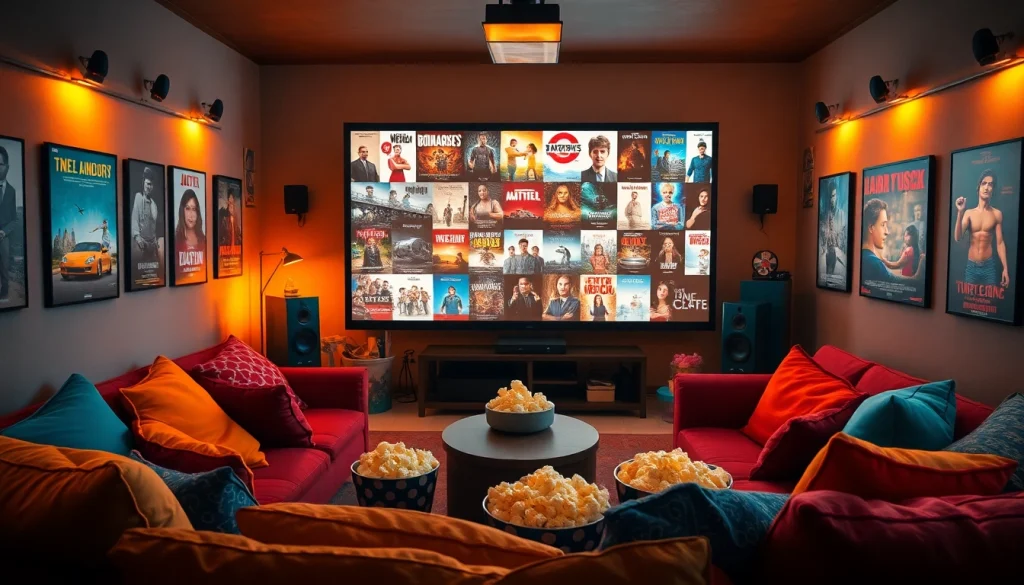 A cozy movie night setup showcasing diverse filme options with warm lighting and inviting decor.