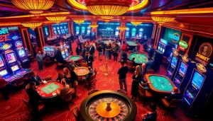 Excited gamblers enjoying various games at 188bet's luxury casino, complete with cards and roulette.