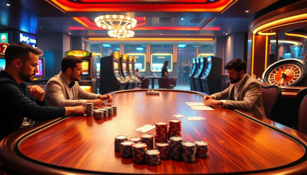 Gamblers strategizing at the poker table, showcasing the excitement of playing at https://xx88.vin/.