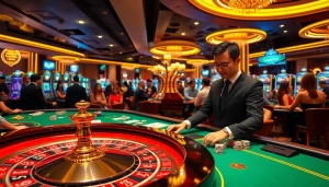 Professional dealer engaging players at a trusted casino table, emphasizing Nhà cái uy tín in a vibrant atmosphere.