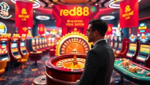 Engaging scene of players enjoying red88 lô đề with vibrant casino elements, roulette wheel and bright slot machines.