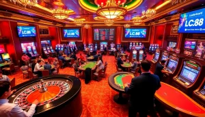 Players enjoy high-stakes excitement with Lc88 at a vibrant casino gaming table.