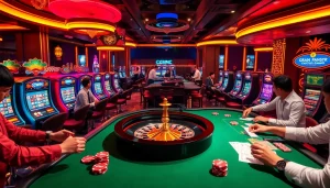 Players enjoying a vibrant cwin-themed casino night filled with roulette tables and slot machines.