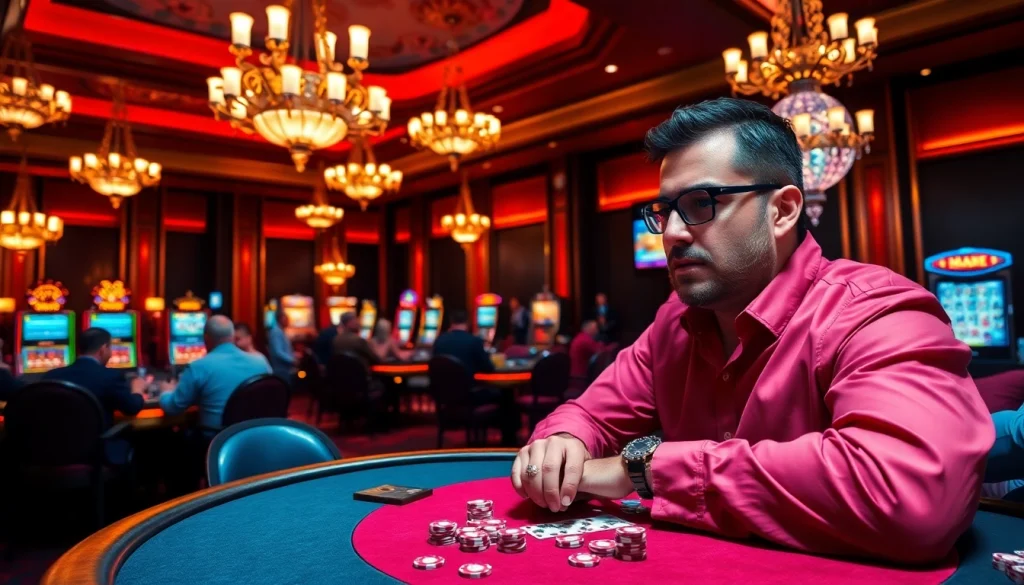 Engaging poker game scene highlighting strategic play in a luxurious casino atmosphere, featuring ib88.