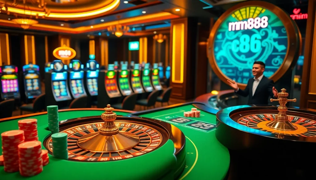 Engaging scene of Nhà Cái mm88's vibrant casino atmosphere with poker chips and roulette wheel.