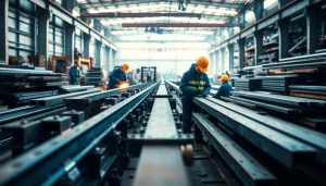 Workers demonstrating structural steel fabrication in a busy industrial workshop setting.