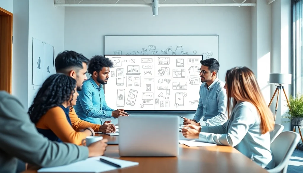 Team collaboration in app development showcased through digital designs and brainstorming tools.