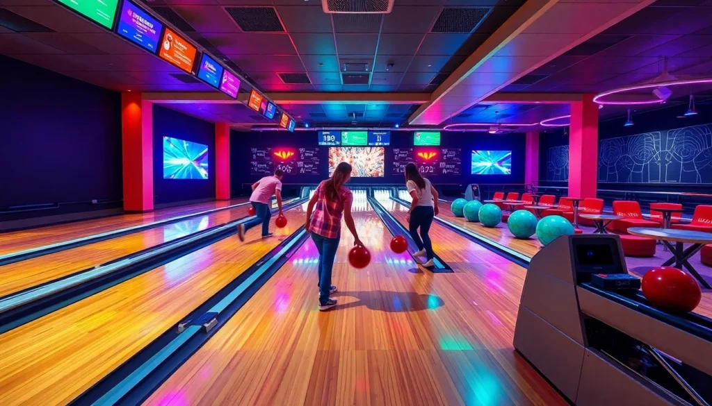 State-of-the-art bowling equipment manufacturer showcasing advanced technology in a lively bowling alley setting.