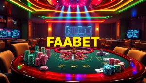 FABET offers an exciting online gambling experience with vibrant poker chips and roulette wheels.