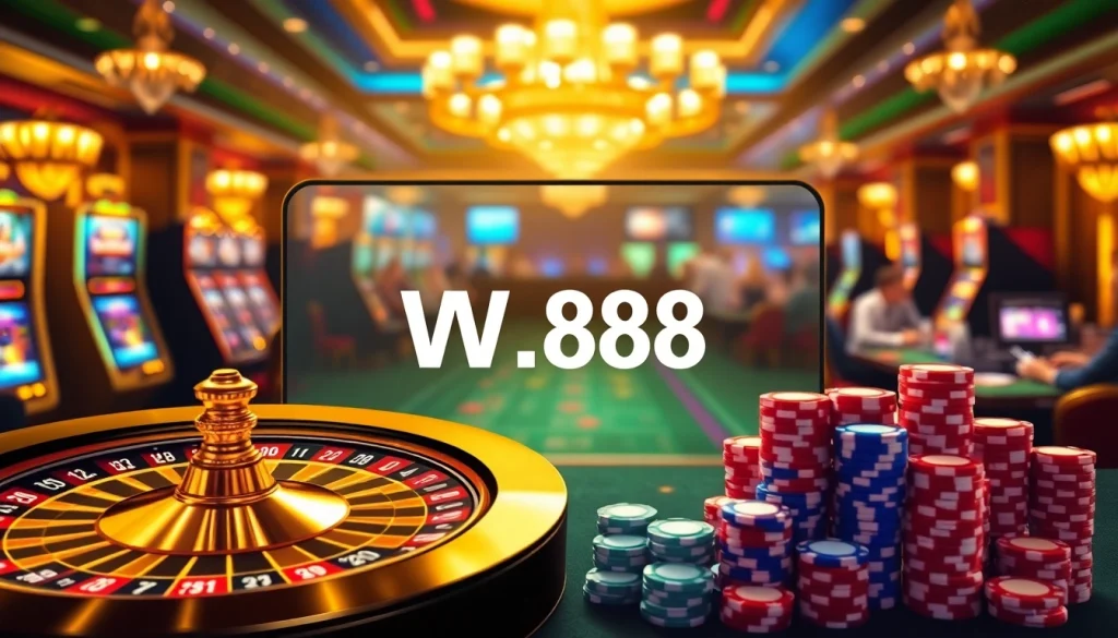 Không khí casino trực tuyến sôi động, nổi bật liên kết W88 giữa những máy đánh bạc và vòng quay roulette sống động.