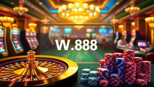 Không khí casino trực tuyến sôi động, nổi bật liên kết W88 giữa những máy đánh bạc và vòng quay roulette sống động.