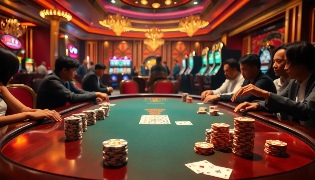 Players engaging intensely at a luxurious casino table, showcasing ลิงก์ F168 in a vibrant gambling environment.