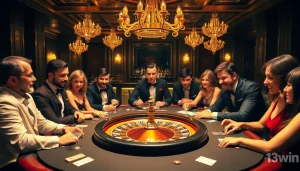 Engaged players strategizing at a 13win casino poker table, surrounded by vibrant casino elements.