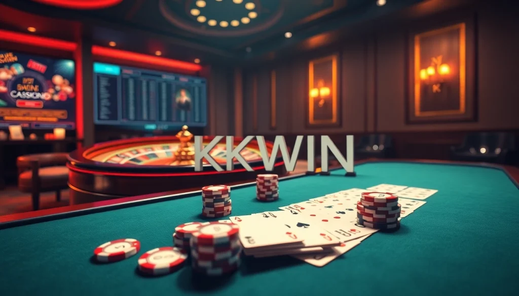 Engage with the vibrant KKWIN casino atmosphere featuring poker chips and roulette for a thrilling experience.