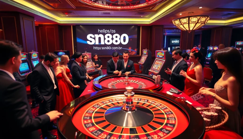 Vibrant casino scene featuring roulette, slots, and the site https://sn888app.com.br for a luxurious betting experience.