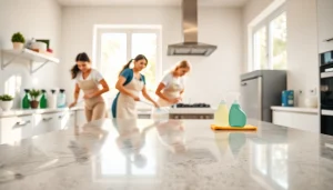 Engaging cleaning service team revitalizing a bright kitchen with eco-friendly methods.