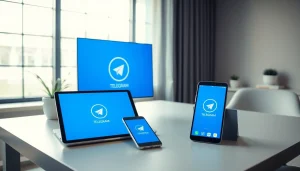 Explore Telegram官网下载 on modern devices in a stylish workspace setup.