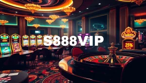 S88VIP online casino interface with vibrant slot machines and elegant poker tables in a luxurious setting.