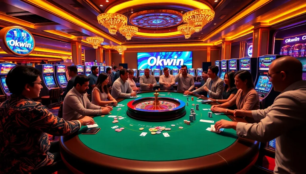 Okwin players enjoying an exciting poker game at a lavish casino setting.
