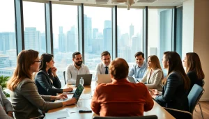 Engaged individuals participating in a business meeting in a modern office.