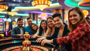 Experience thrilling gameplay at https://rusia777.com with joyous players at a roulette table.
